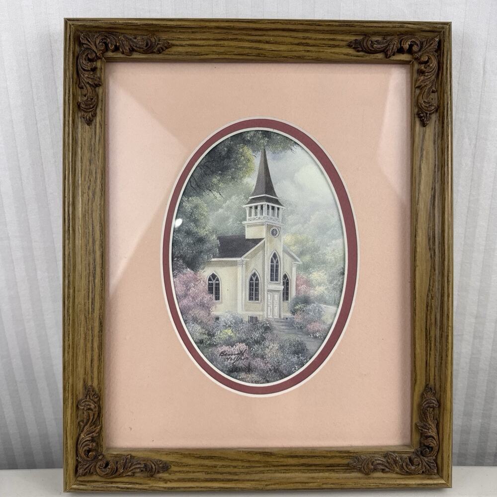 Vintage Country Church Ornate Solid Wood Frame Matted Picture Bennet 11.5 X 9.5